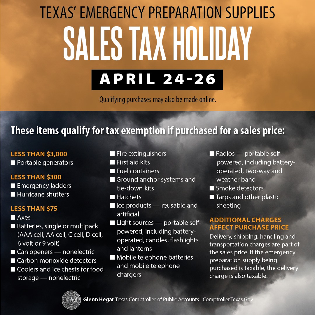 Emergency supplies sales tax holiday The Sealy News